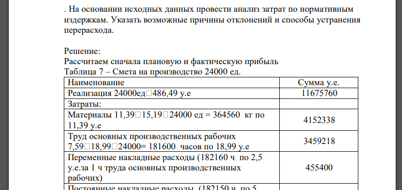 На основании исходных данных провести анализ затрат по нормативным издержкам. Указать возможные причины отклонений и способы устранения