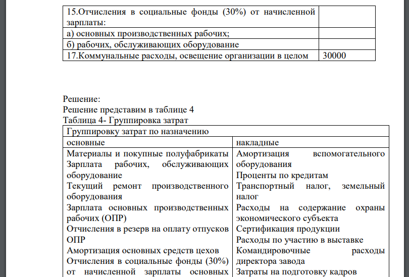 Произвести группировку затрат: по назначению (основные и накладные); по отношению к объему производства (постоянные и