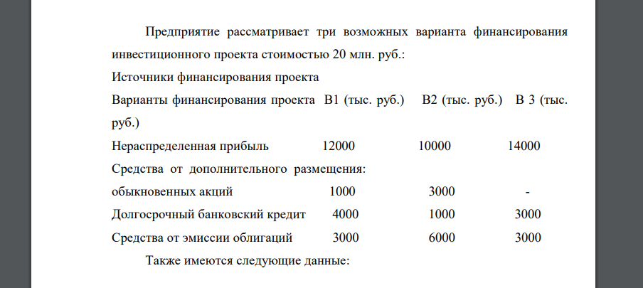 Предприятие рассматривает три возможных варианта финансирования инвестиционного проекта стоимостью 20 млн. руб