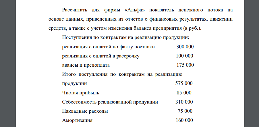 Рассчитать для фирмы «Альфа» показатель денежного потока на основе данных, приведенных из отчетов о финансовых