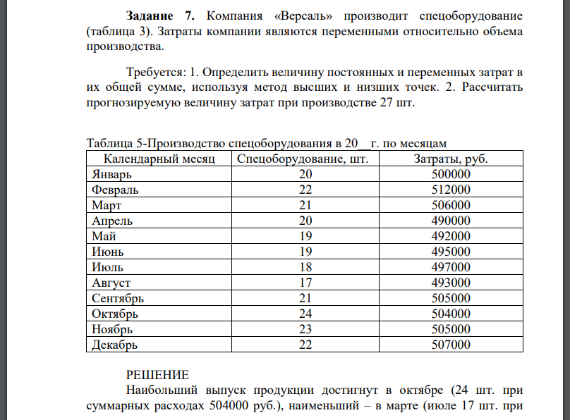 Компания «Версаль» производит спецоборудование (таблица 3). Затраты компании являются переменными относительно объема