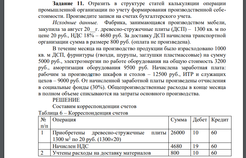 Отразить в структуре статей калькуляции операции промышленной организации по учету формирования производственной себе