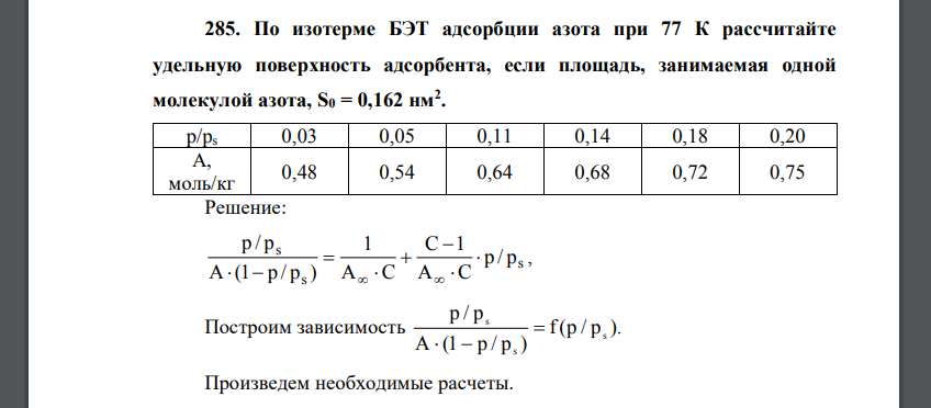 По изотерме БЭТ адсорбции азота при 77 К рассчитайте удельную поверхность адсорбента