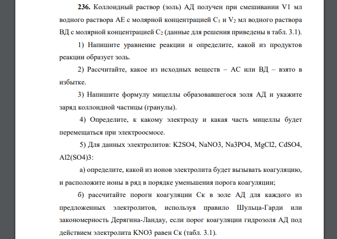 Коллоидный раствор (золь) АД получен при смешивании V1 мл водного раствора АЕ с молярной концентрацией С1 и V2 мл водного раствора ВД с молярной концентрацией С2