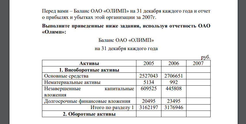 Перед вами – Баланс ОАО «ОЛИМП» на 31 декабря каждого года и отчет о прибылях и убытках этой организации за 2007г. Выполните