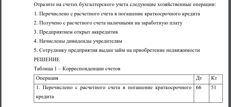 Отразите на счетах бухгалтерского учета следующие хозяйственные операции: 1. Перечислено с расчетного счета в погашение краткосрочного кредита