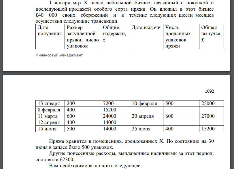 1 января м-р X начал небольшой бизнес, связанный с покупкой и последующей продажей особого сорта пряжи. Он вложил в этот бизнес