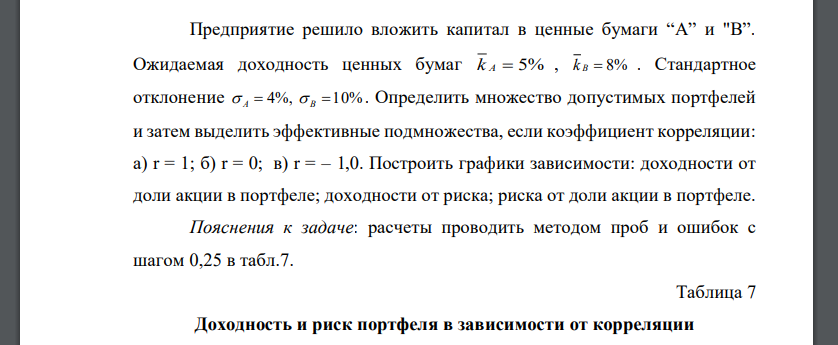 Определить множество допустимых портфелей и затем выделить эффективные подмножества, если коэффициент корреляции: а) r = 1; б) r = 0; в) r = – 1,0. Построить