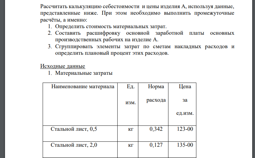 Рассчитать калькуляцию себестоимости и цены изделия А, используя данные, представленные ниже. При этом необходимо выполнить промежуточные