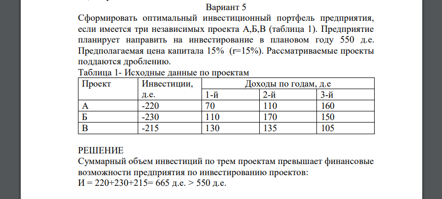 Сформировать оптимальный инвестиционный портфель предприятия, если имеется три независимых