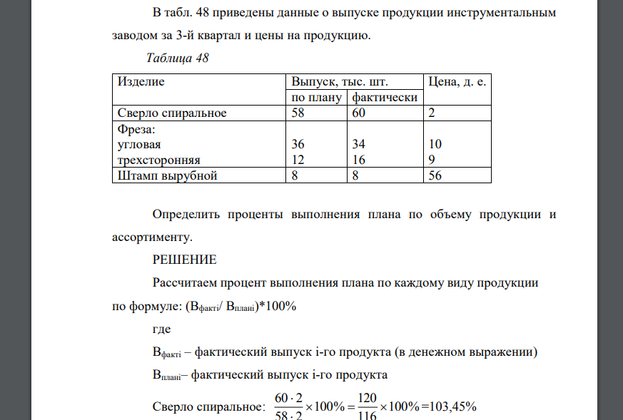 В табл. 48 приведены данные о выпуске продукции инструментальным заводом за 3-й квартал и цены на продукцию