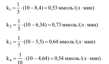 В таблице 1 приведена зависимость концентрации реагентов С от времени t. В реакциях, в которых участвуют два исходных вещества, начальные концентрации С0 реагирующих веществ одинаковы