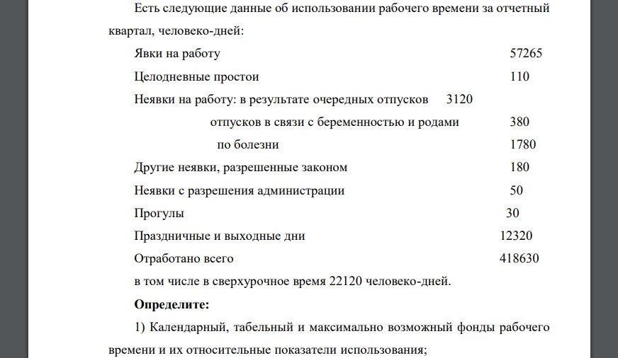 Есть следующие данные об использовании рабочего времени за отчетный квартал, человеко-дней: Явки на работу