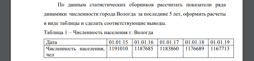 По данным статистических сборников рассчитать показатели ряда динамики численности города Вологда за последние 5 лет