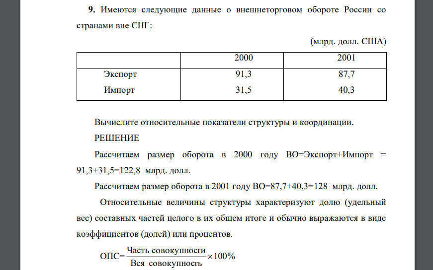 Имеются следующие данные о внешнеторговом обороте России со странами вне СНГ: (млрд. долл. США) 2000 2001