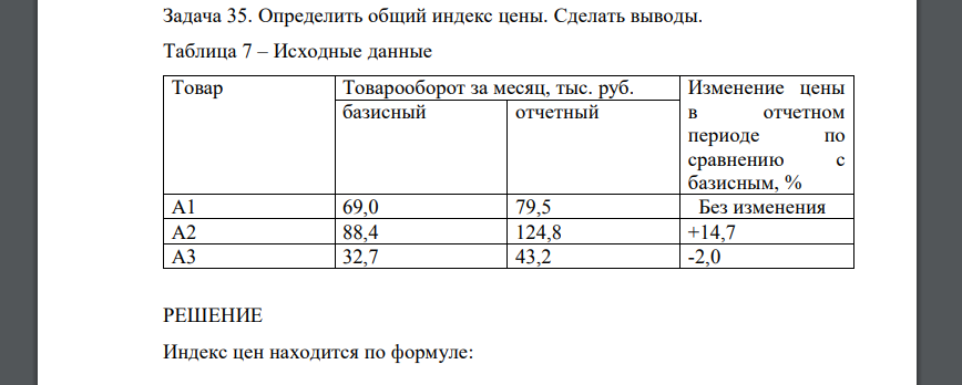 Определить общий индекс цены. Сделать выводы. Таблица 7 – Исходные данные Товар Товарооборот