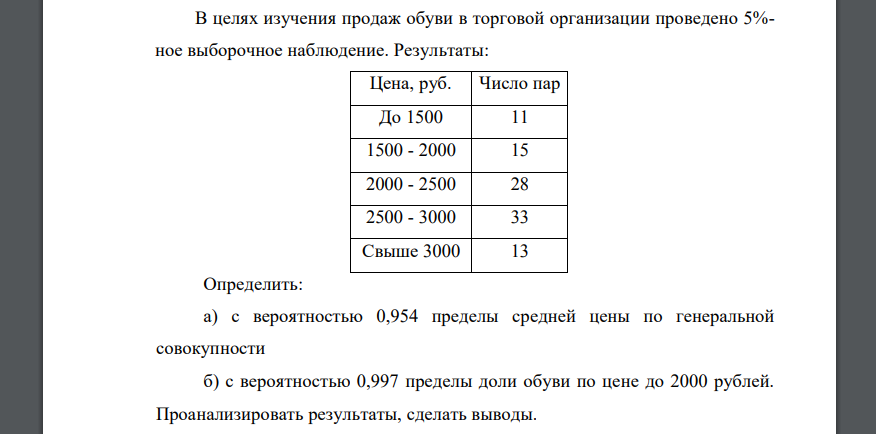 В целях изучения продаж обуви в торговой организации проведено 5%- ное выборочное наблюдение