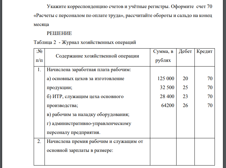 Укажите корреспонденцию счетов и учётные регистры. Оформите счет 70 «Расчеты с персоналом по оплате труда», рассчитайте обороты и сальдо