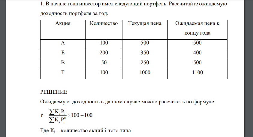 В начале года инвестор имел следующий портфель. Рассчитайте ожидаемую доходность портфеля за год. Акция Количество Текущая цена Ожидаемая цена к концу