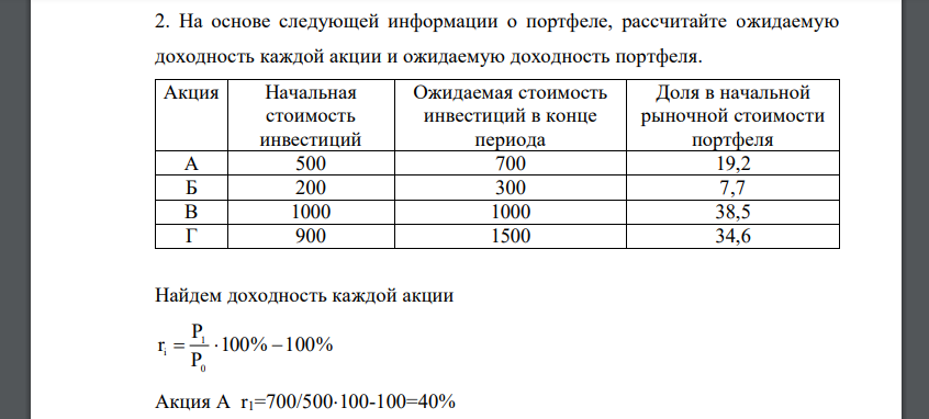 На основе следующей информации о портфеле, рассчитайте ожидаемую доходность каждой акции и ожидаемую доходность портфеля. Акция Начальная