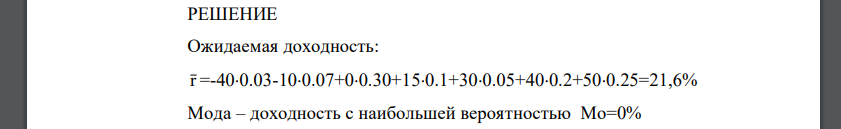 Рассчитайте ожидаемую доходность, моду и медиану доходности акций, которые характеризуются следующим распределением вероятностей: Доходность