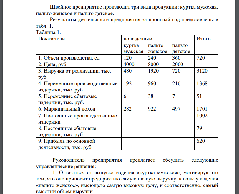 Швейное предприятие производит три вида продукции: куртка мужская, пальто женское и пальто детское.