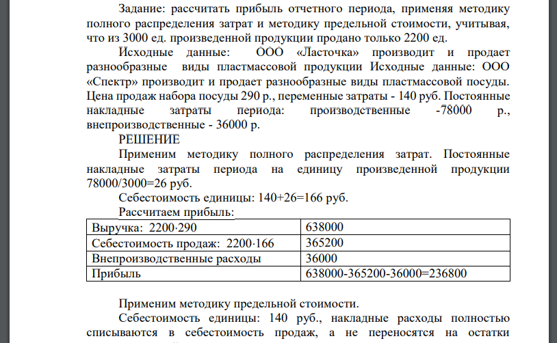 Задание: рассчитать прибыль отчетного периода, применяя методику полного распределения затрат и методику предельной стоимости, учитывая,