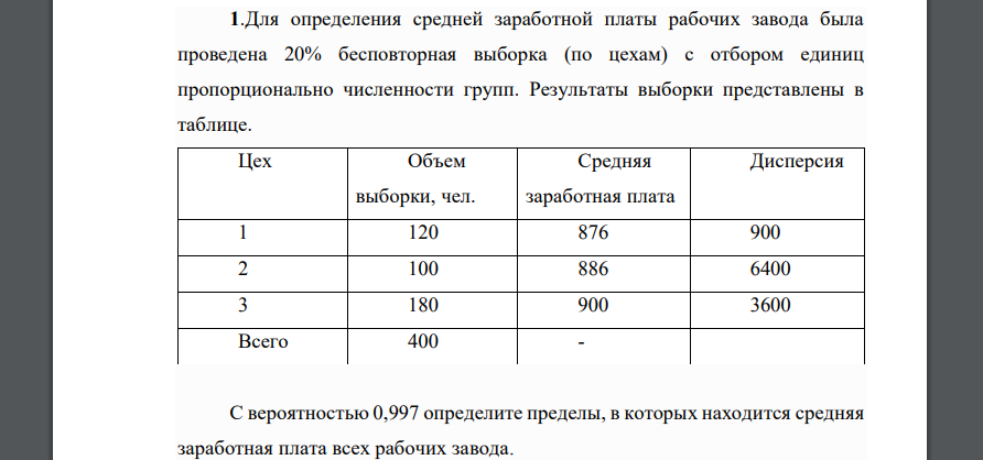 Для определения средней заработной платы рабочих завода была проведена 20% бесповторная выборка