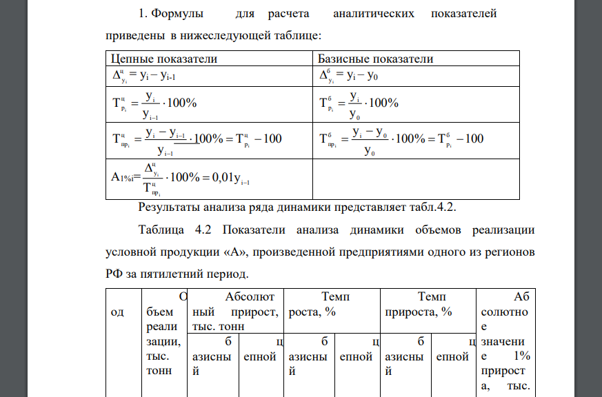 Расчёт и анализ обобщающих показателей ряда динамики. По годовым итогам реализации произведенной продукции