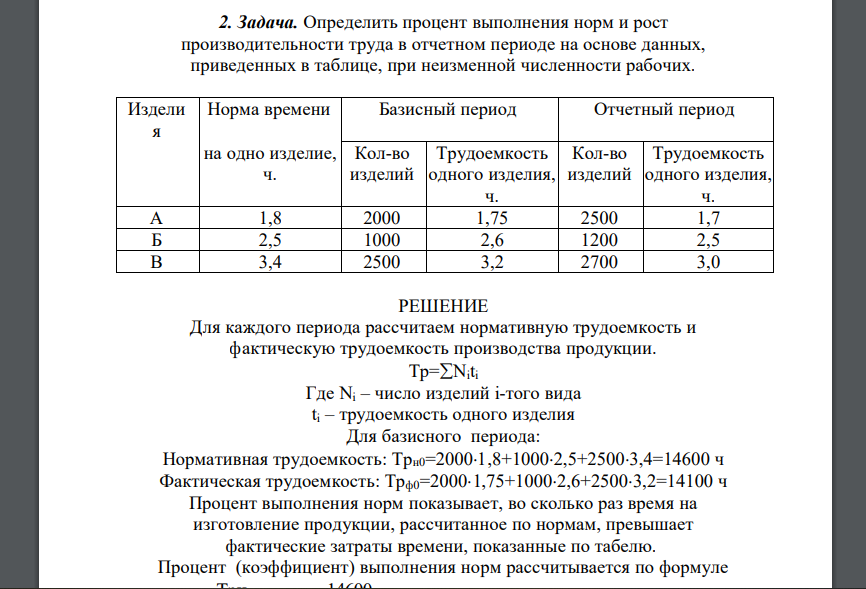 Определить процент выполнения норм и рост производительности труда в отчетном периоде на основе данных, приведенных в таблице