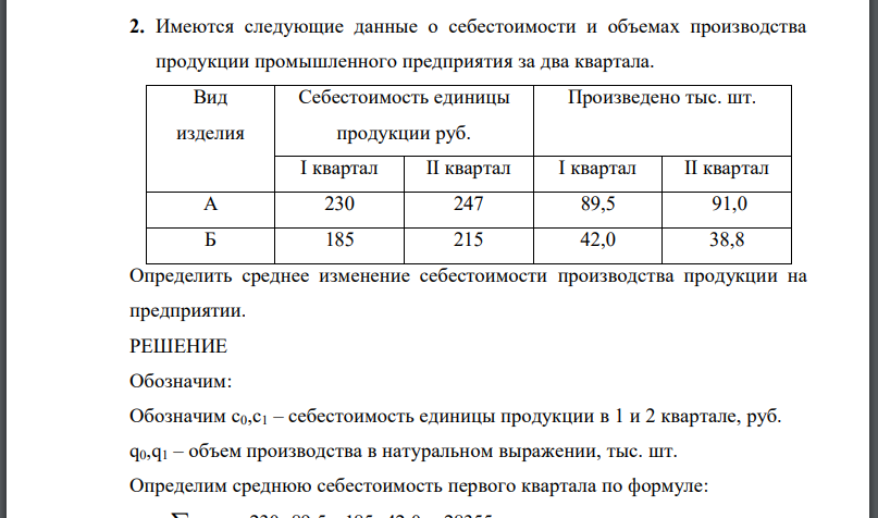 Имеются следующие данные о себестоимости и объемах производства продукции промышленного предприятия за два квартала. Вид изделия Себестоимость единицы продукции руб. Произведено тыс. шт. I квартал