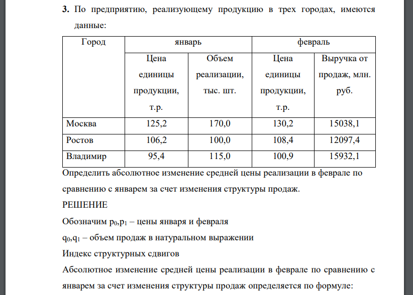 По предприятию, реализующему продукцию в трех городах, имеются данные: Город январь февраль Цена единицы продукции, т.р. Объем реализации, тыс. шт. Цена единицы продукции, т.р. Выручка от продаж, млн. руб. Москва