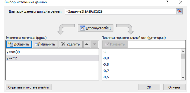 С использованием средств Excel построить графики функций у=cos(x) и у=х2 на отрезке [-1;1] с шагом 0,1 совместно на одной диаграмме