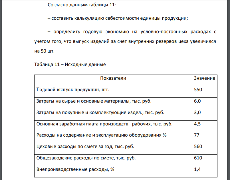 Согласно данным таблицы 11: – составить калькуляцию себестоимости единицы продукции;