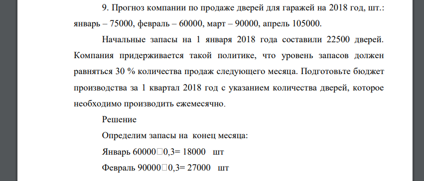 Прогноз компании по продаже дверей для гаражей на 2018 год, шт.: январь – 75000, февраль – 60000, март – 90000, апрель 105000. Начальные запасы на 1 января 2018 года составили 22500 дверей