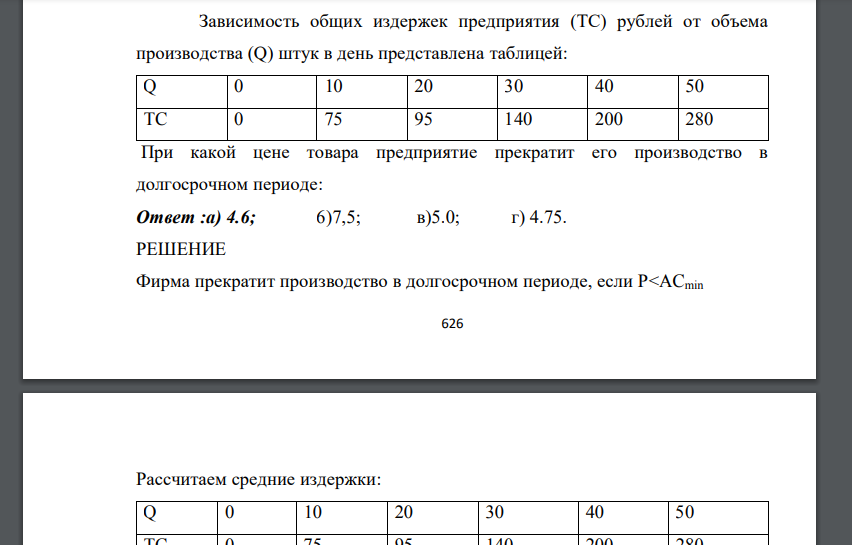 Зависимость общих издержек предприятия (ТС) рублей от объема производства (Q) штук в день представлена таблицей: Q 0 10 20 30