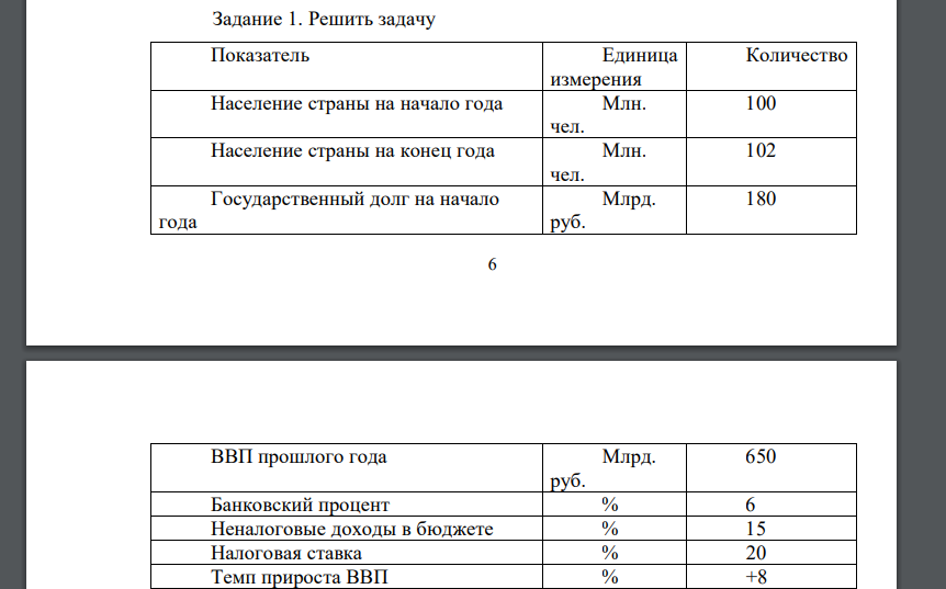 Решить задачу Показатель Единица измерения Количество Население страны на начало года Млн. чел. 100 Население страны на конец года Млн. чел. 102 Государственный