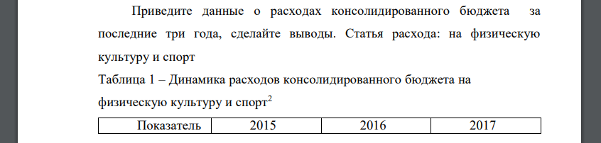 Приведите данные о расходах консолидированного бюджета за последние три года, сделайте выводы. Статья расхода: на физическую культуру и спорт Таблица