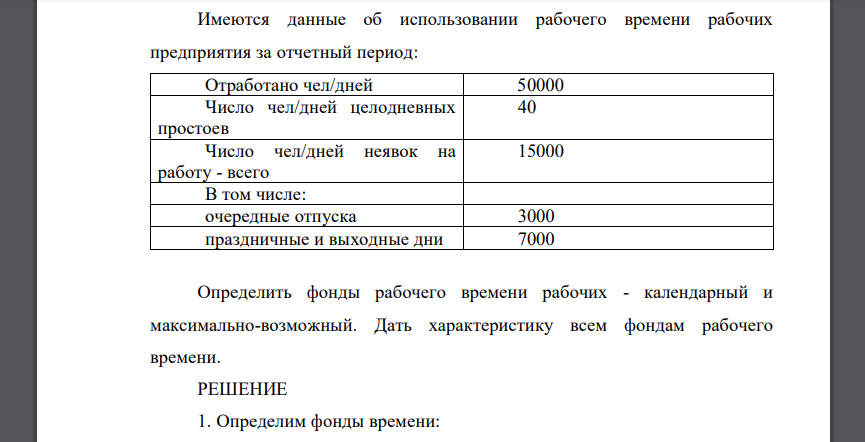 Имеются данные об использовании рабочего времени рабочих предприятия за отчетный период: Отработано чел/дней 50000