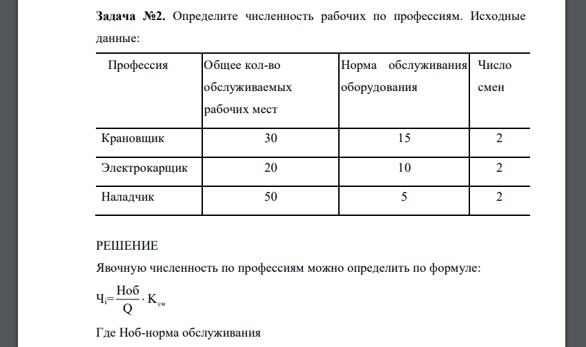 Определите численность рабочих по профессиям. Исходные данные: Профессия Общее кол-во обслуживаемых рабочих мест Норма обслуживания оборудования