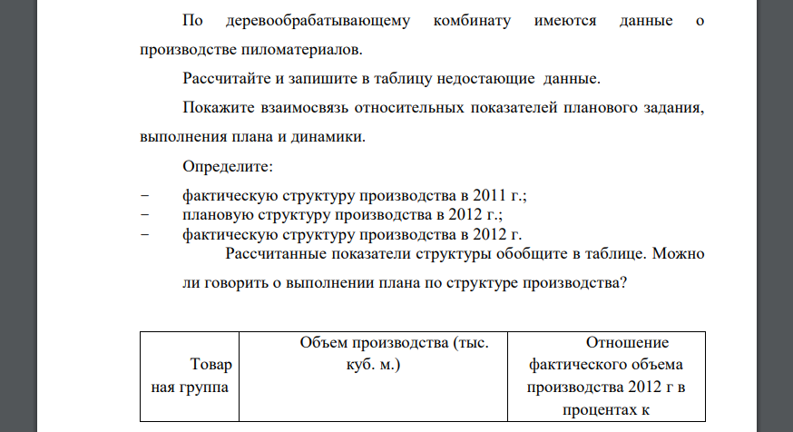 По деревообрабатывающему комбинату имеются данные о производстве пиломатериалов