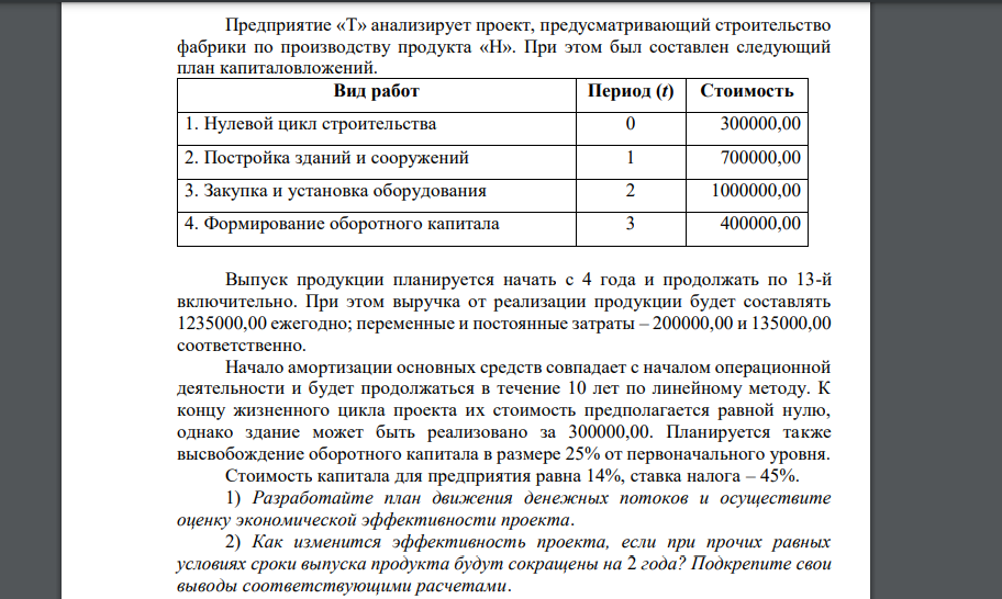 Предприятие «Т» анализирует проект, предусматривающий строительство фабрики по производству продукта «Н». При этом