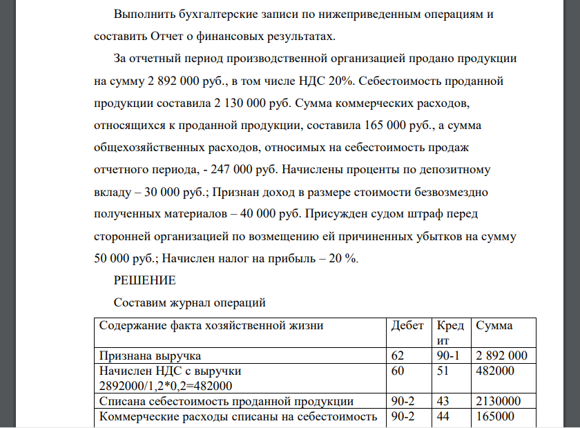 Выполнить бухгалтерские записи по нижеприведенным операциям и составить Отчет о финансовых результатах. За отчетный период