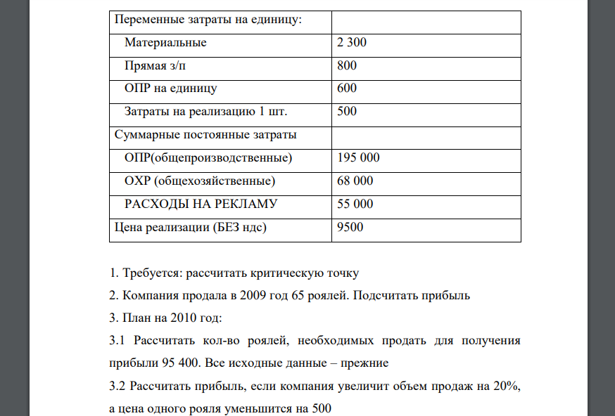 Компания «Альфа» производит рояли. Данные за 2009 год: 1. Требуется: рассчитать критическую точку