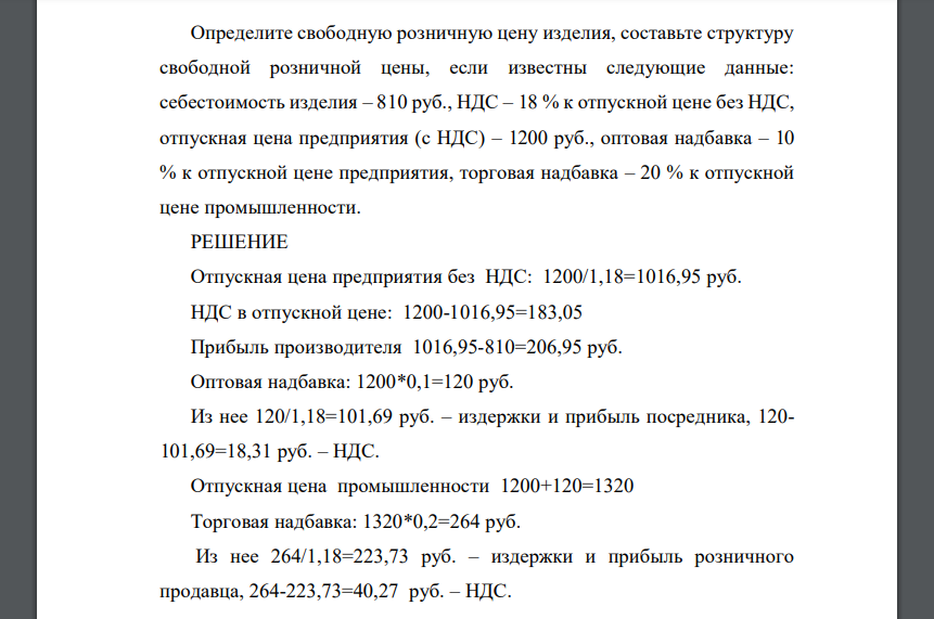 Определите свободную розничную цену изделия, составьте структуру свободной розничной цены