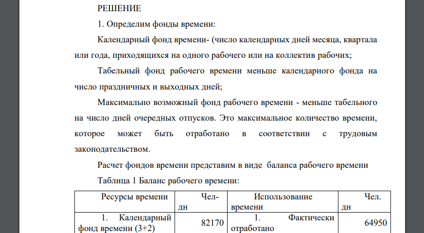 Имеются данные об использовании времени рабочих за квартал (90 дней): Отработано человеко-дней 64950