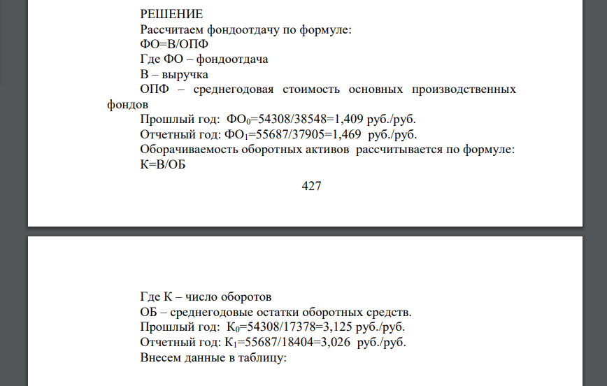 По данным таблицы рассчитать фондоотдачу и оборачиваемость оборотных активов. Используя прием абсолютных разниц