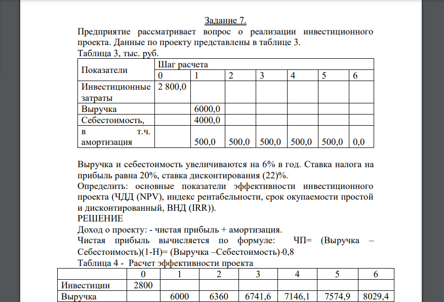 Предприятие рассматривает вопрос о реализации инвестиционного проекта. Данные по проекту представлены в таблице