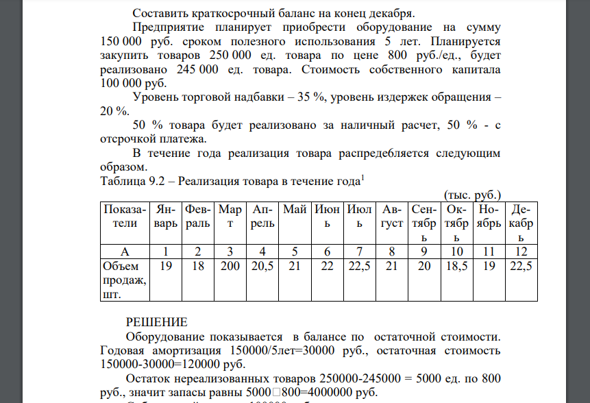 Составить краткосрочный баланс на конец декабря. Предприятие планирует приобрести оборудование на сумму