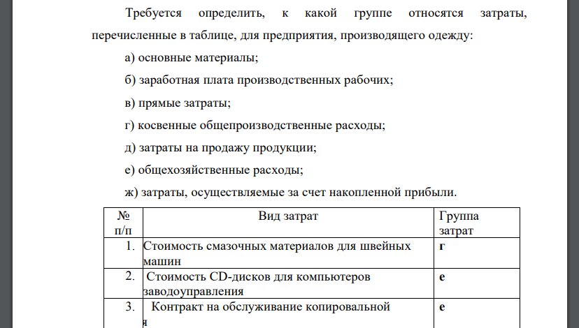 Требуется определить, к какой группе относятся затраты, перечисленные в таблице, для предприятия, производящего одежду